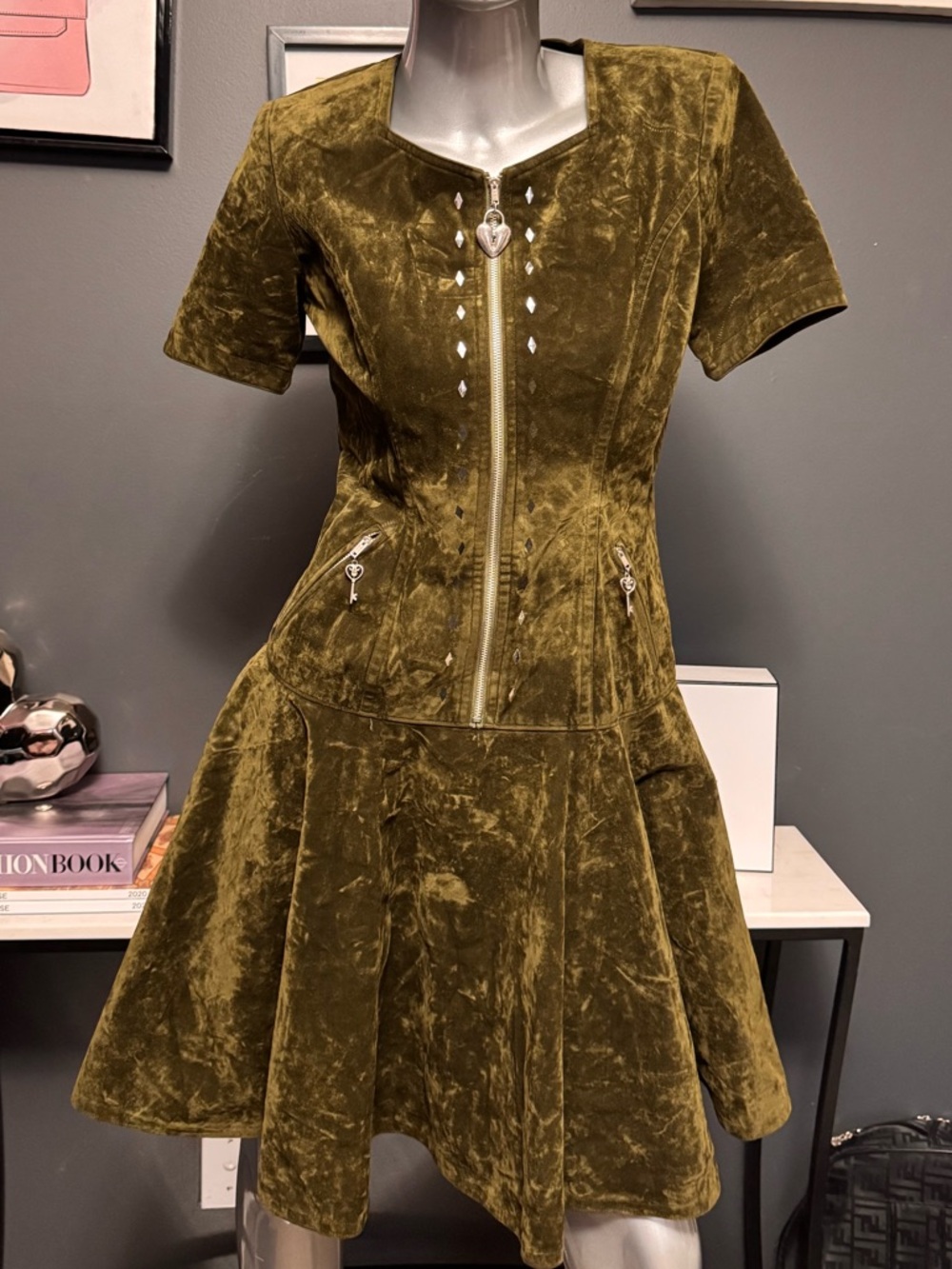 Green Velvet Goth Grunge Dress + Jacket Set - Picture 2 of 14